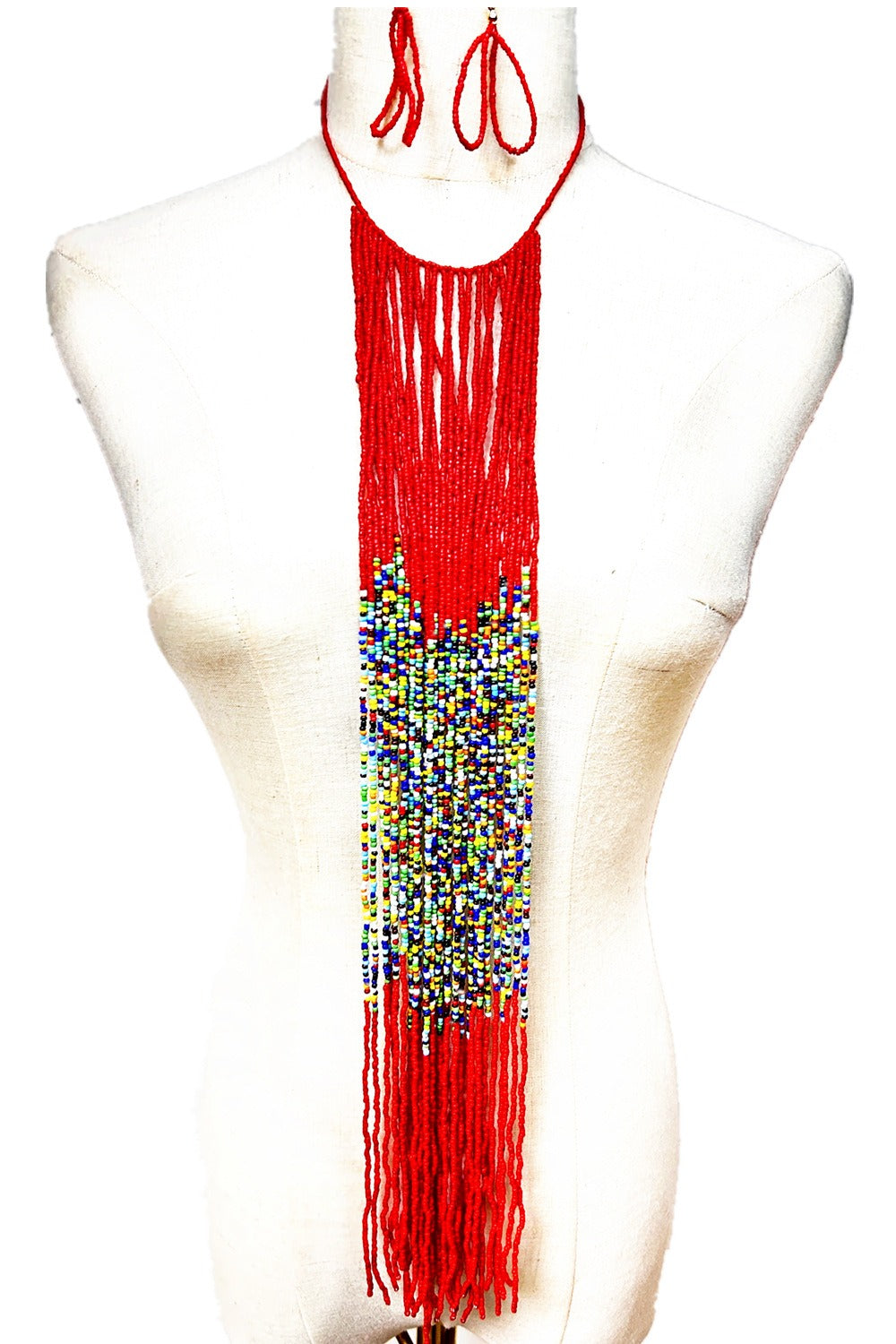 African Style Colorful Bead Necklace Set Long Tassel Sweater Chain