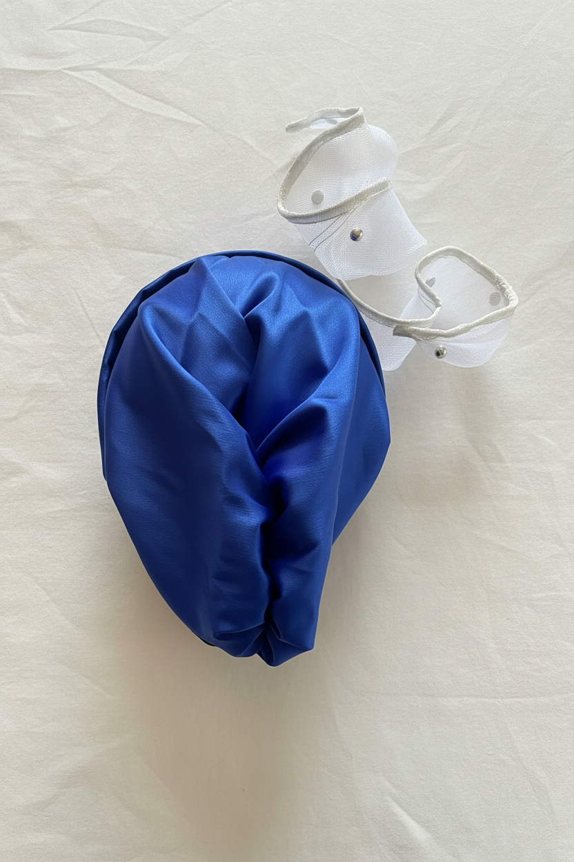 Blue fascinator flat lay white