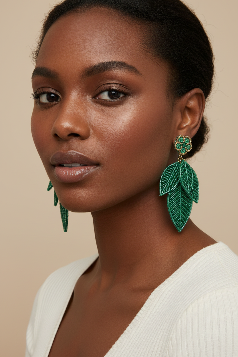 Green Beaded Leaf Earrings - Model Shot