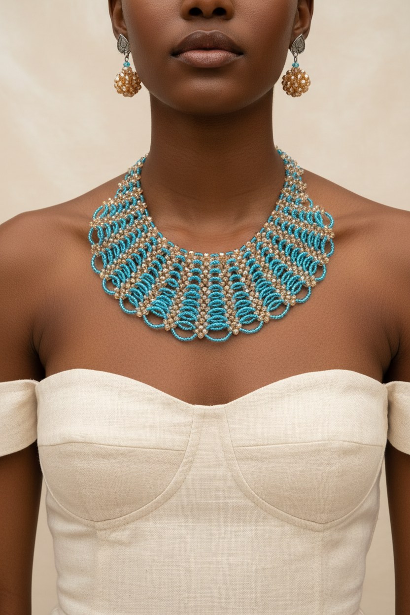 Woman wearing handmade turquoise and gold beaded statement necklace with strapless top