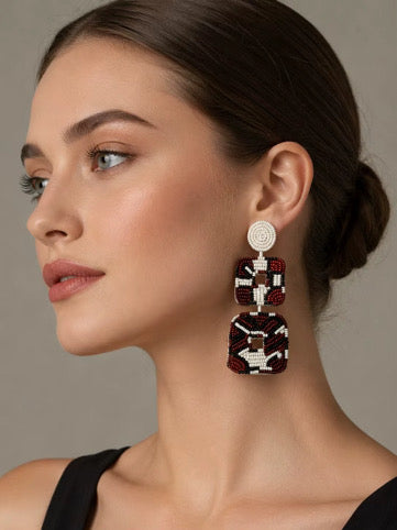 Bohemian long drop earrings Square shaped dangling earrings