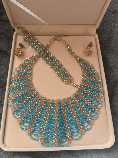 Handmade beaded jewellery set of necklace earrings and bracelet chocker round the neck flare necklace