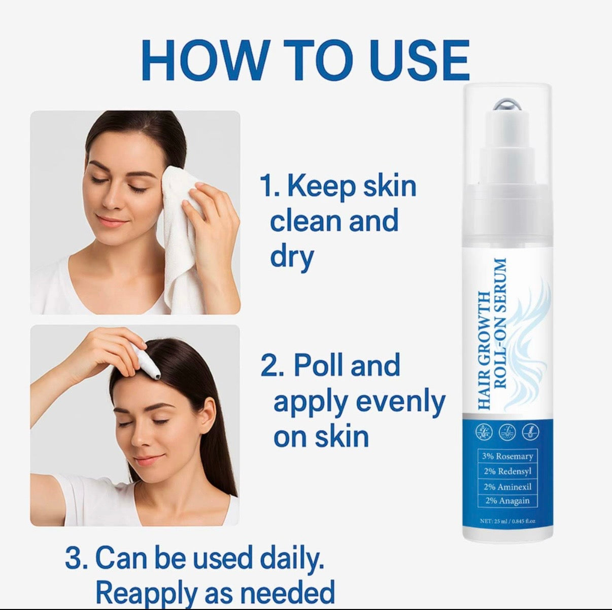 Hair regrowth roll-on serum for hair loss prevention revitalising scalp treatment