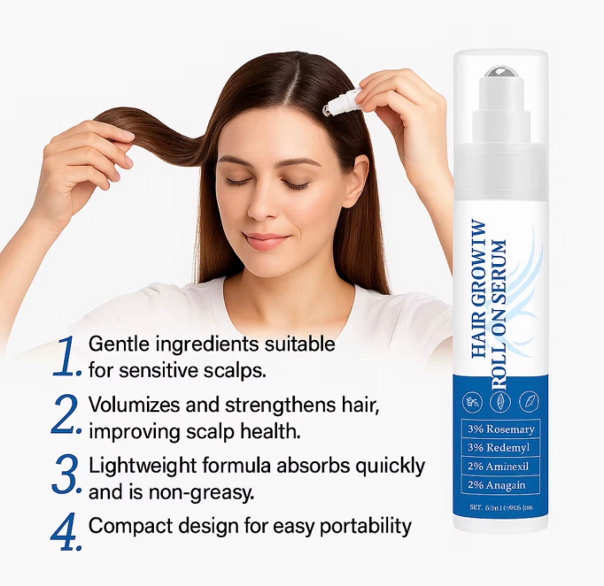 Hair regrowth roll-on serum for hair loss prevention revitalising scalp treatment