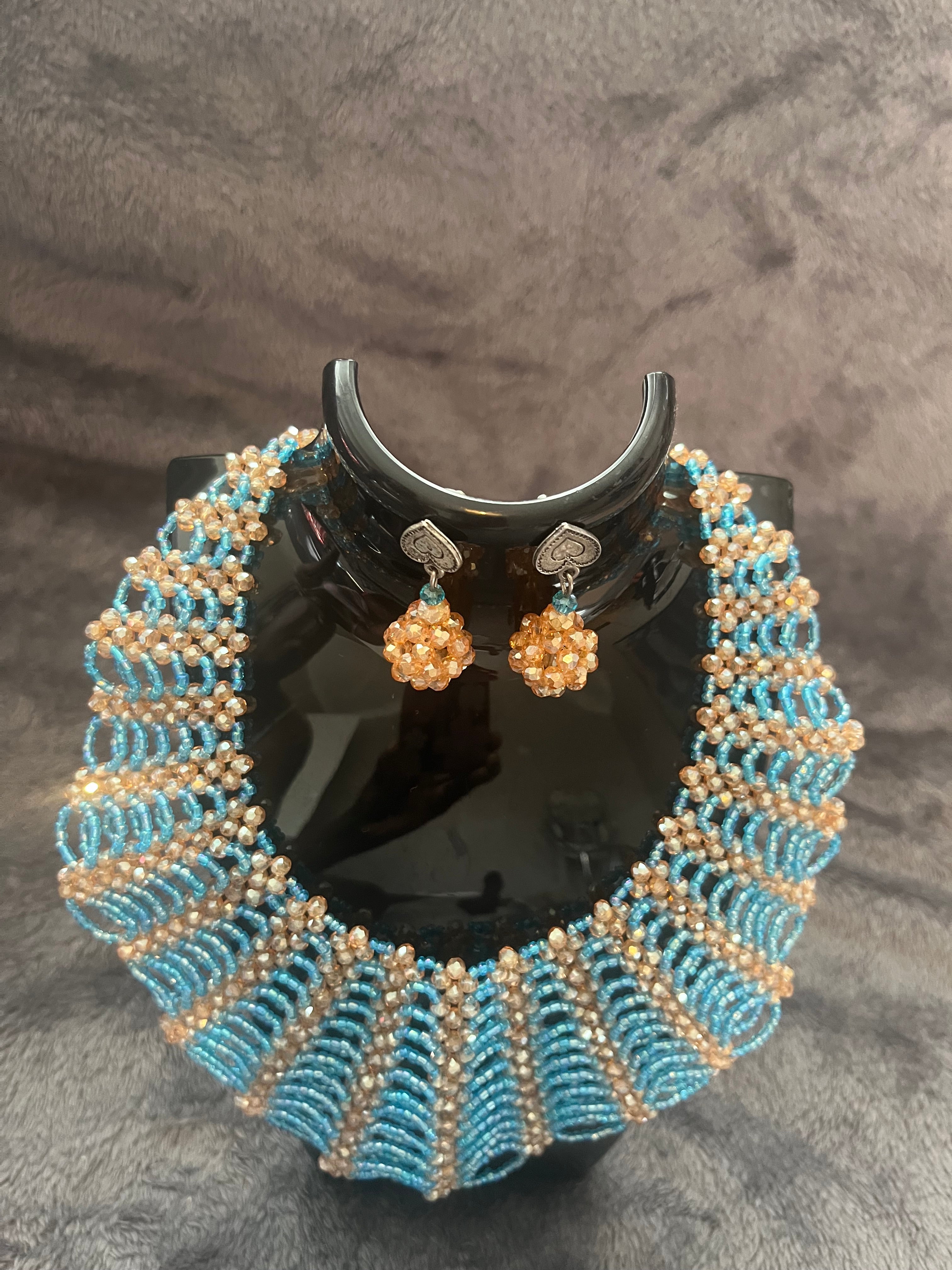 Handmade beaded jewellery set of necklace earrings and bracelet chocker round the neck flare necklace
