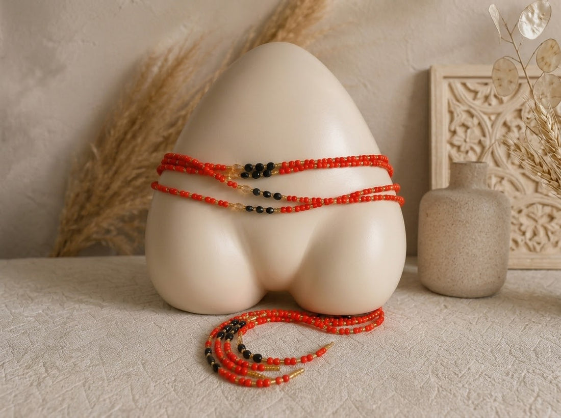 Luxurious Handmade beaded body jewellery Red orange and gold and a touch of black beads
