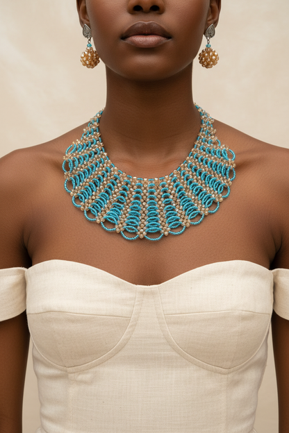 Woman wearing handmade turquoise and gold beaded statement necklace with strapless top