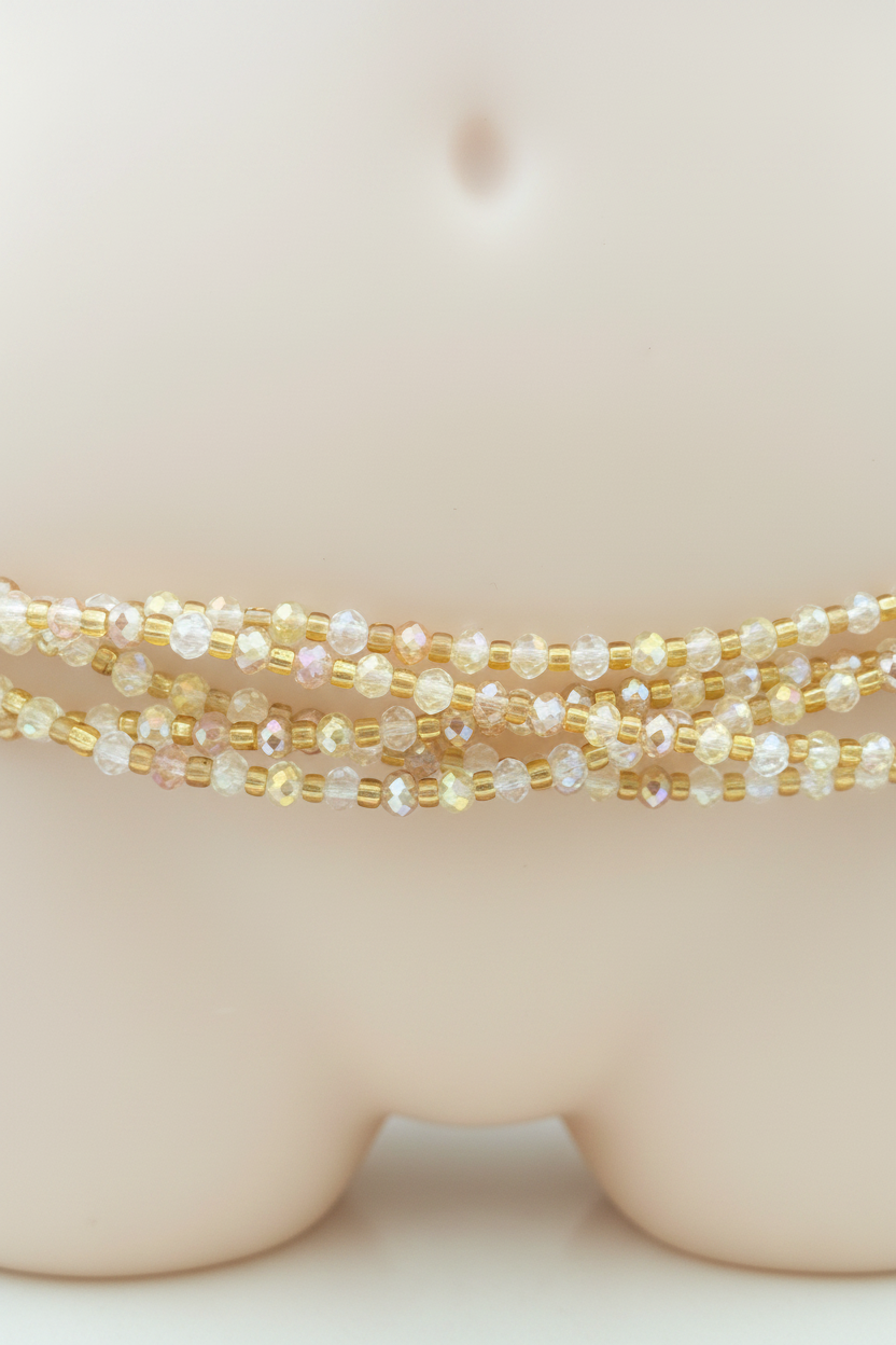 Handmade gold crystal waist beads close up on cream background