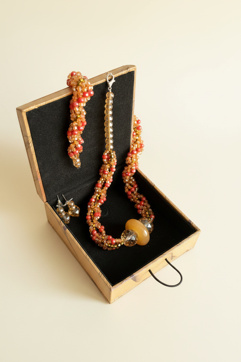 Handmade twisted crystal necklace set in jewellery box on cream background