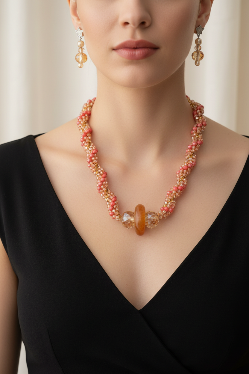 Woman in black dress wearing handmade coral and gold crystal necklace set