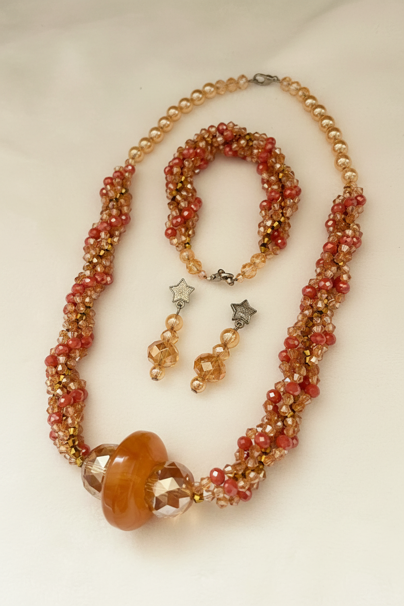 Handmade twisted crystal necklace set flat lay on cream background