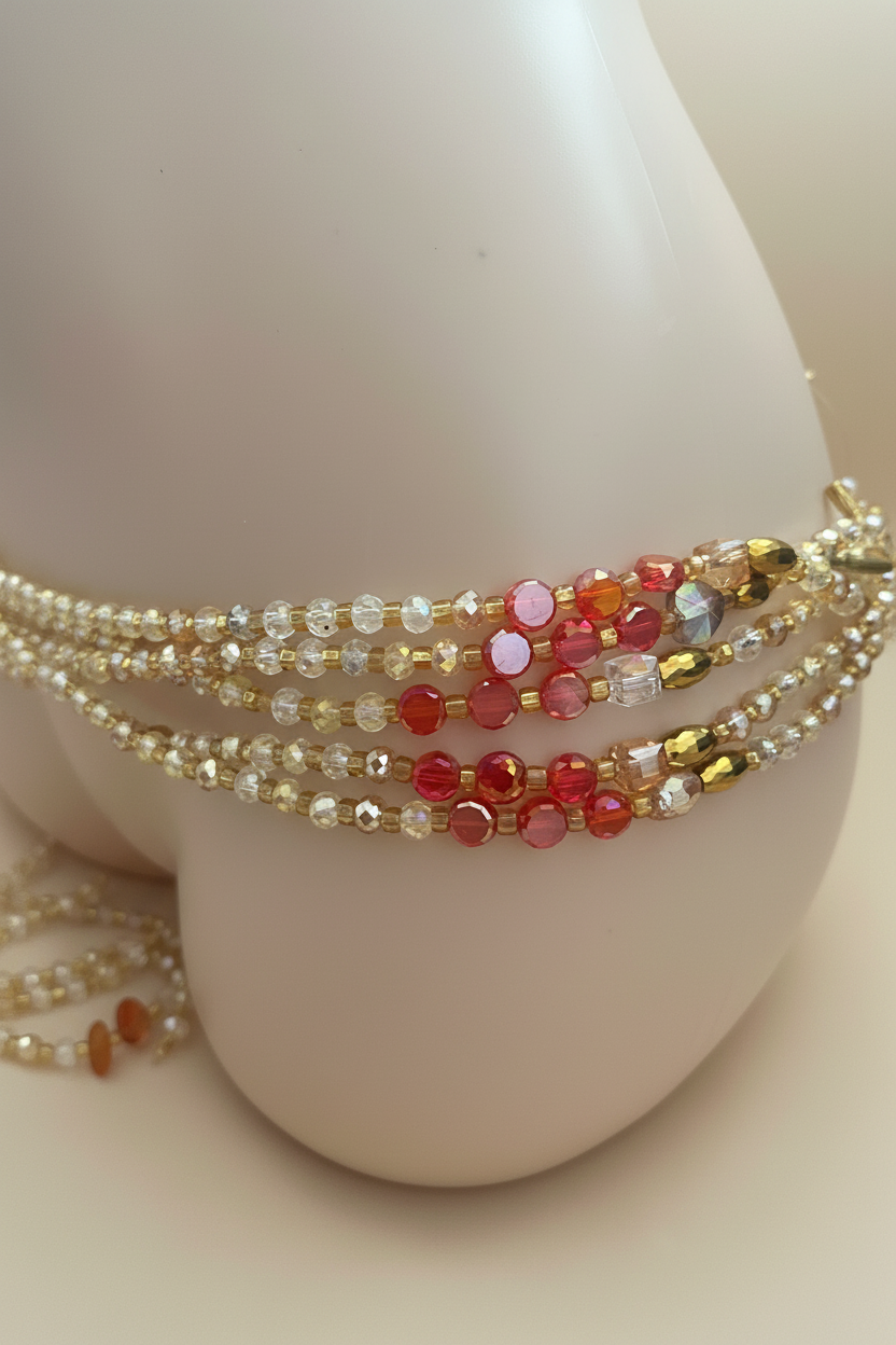 Handmade gold and red crystal waist beads on cream background