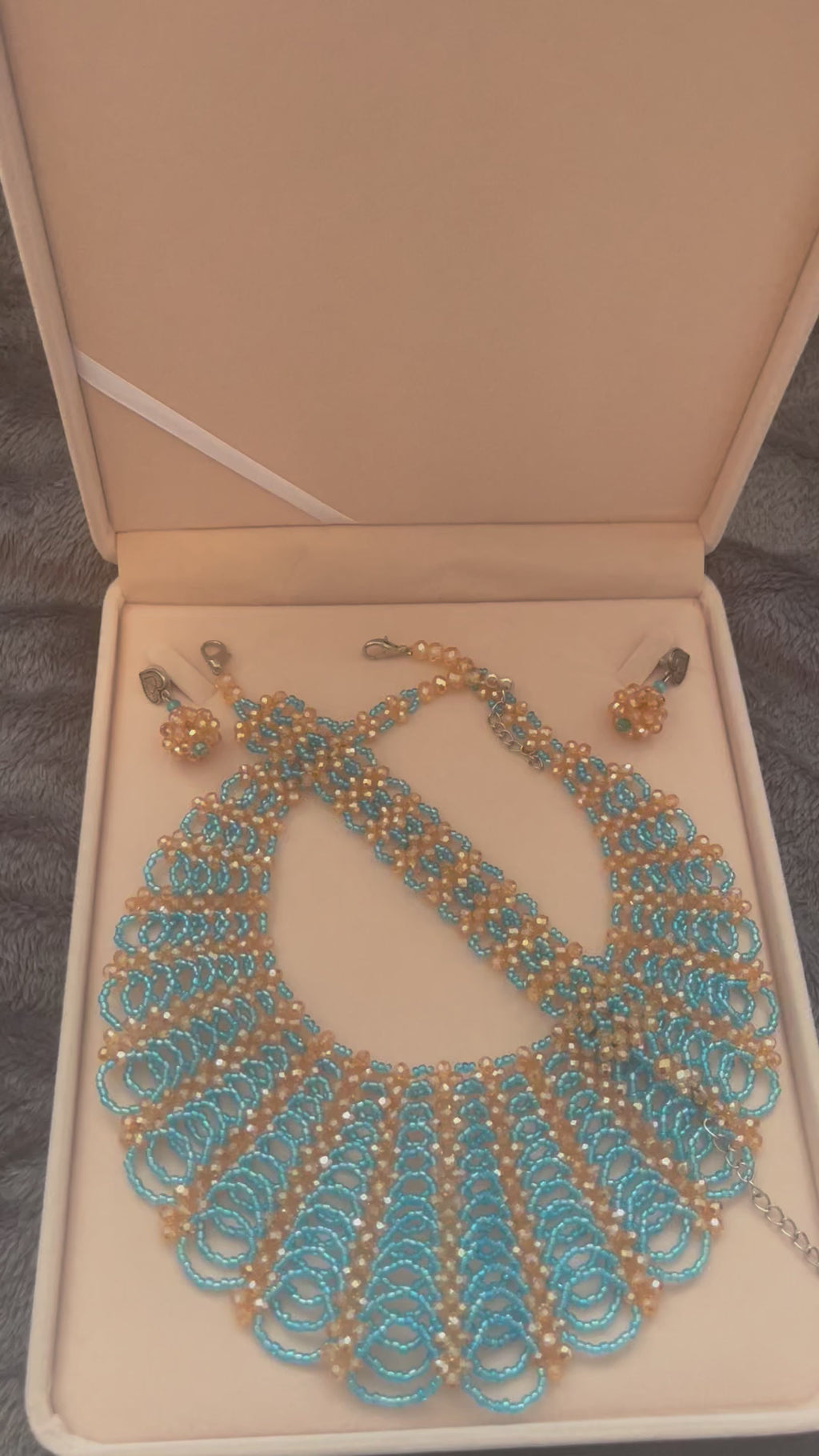 Handmade beaded jewellery set of necklace earrings and bracelet chocker round the neck flare necklace