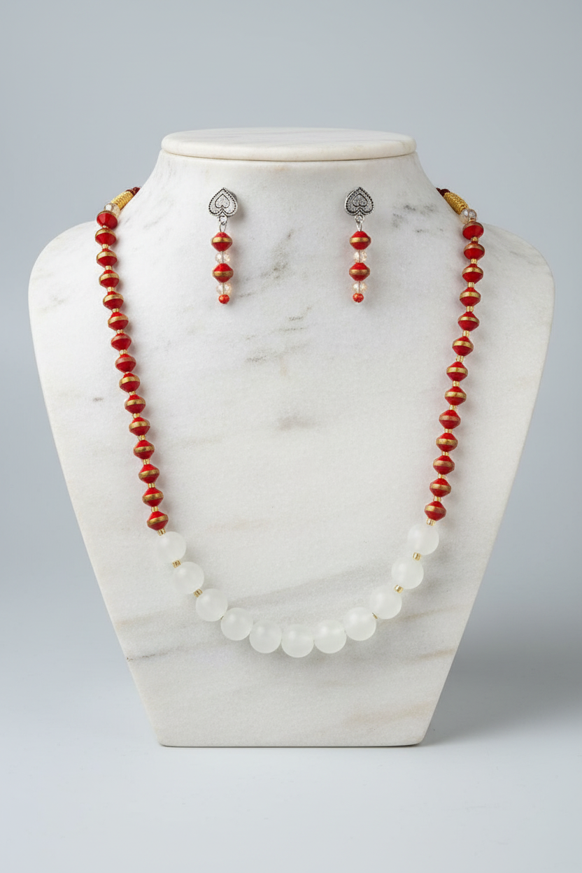 Red and Gold Beaded Necklace Set - White Marble Stand