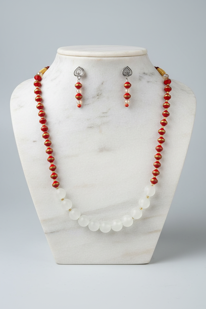 Red and Gold Beaded Necklace Set - White Marble Stand