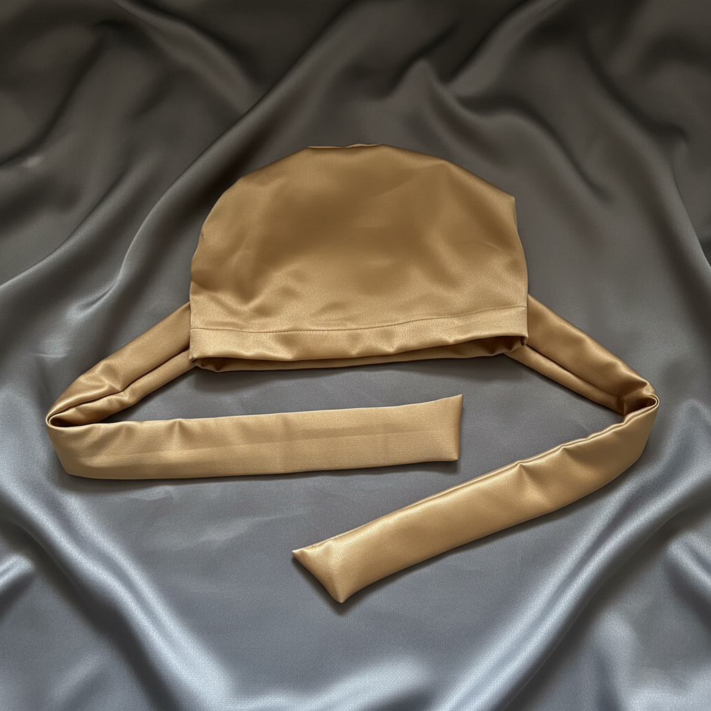 Satin Cap with Ties Grey Background